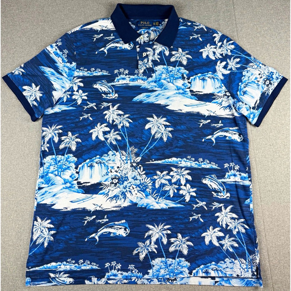 Polo Ralph Lauren Classic Fit XL Blue Hawaiian Aloha Tropical Fish Polo Shirt